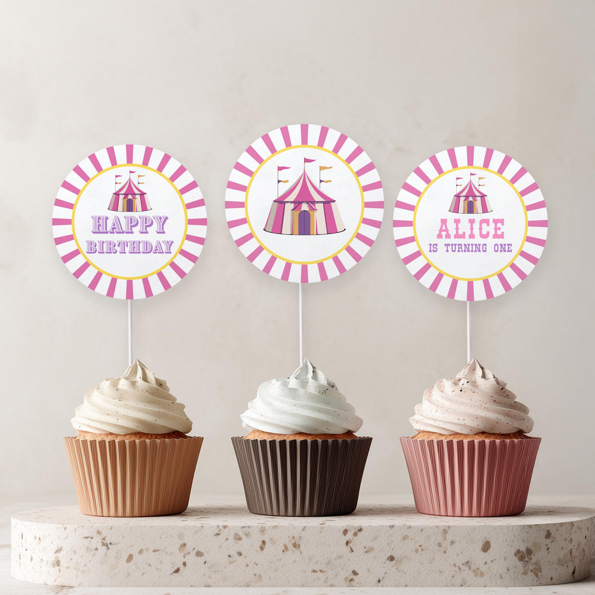 Pink Circus Cupcake Topper, 1st Birthday Cupcake Toppers