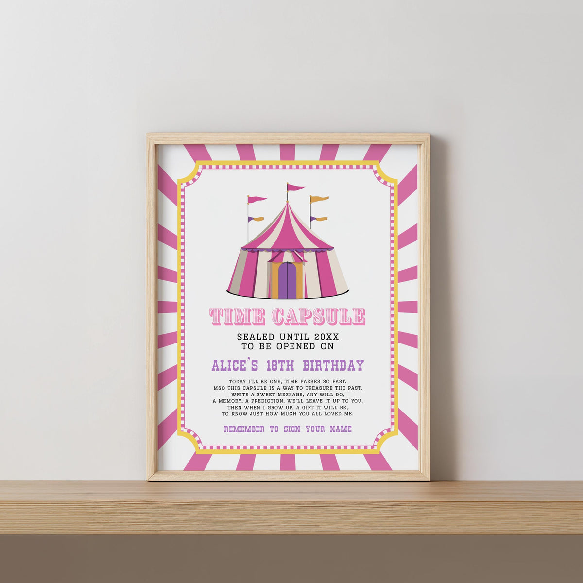 Pink Circus Time Capsule Sign, 1st Time Capsule