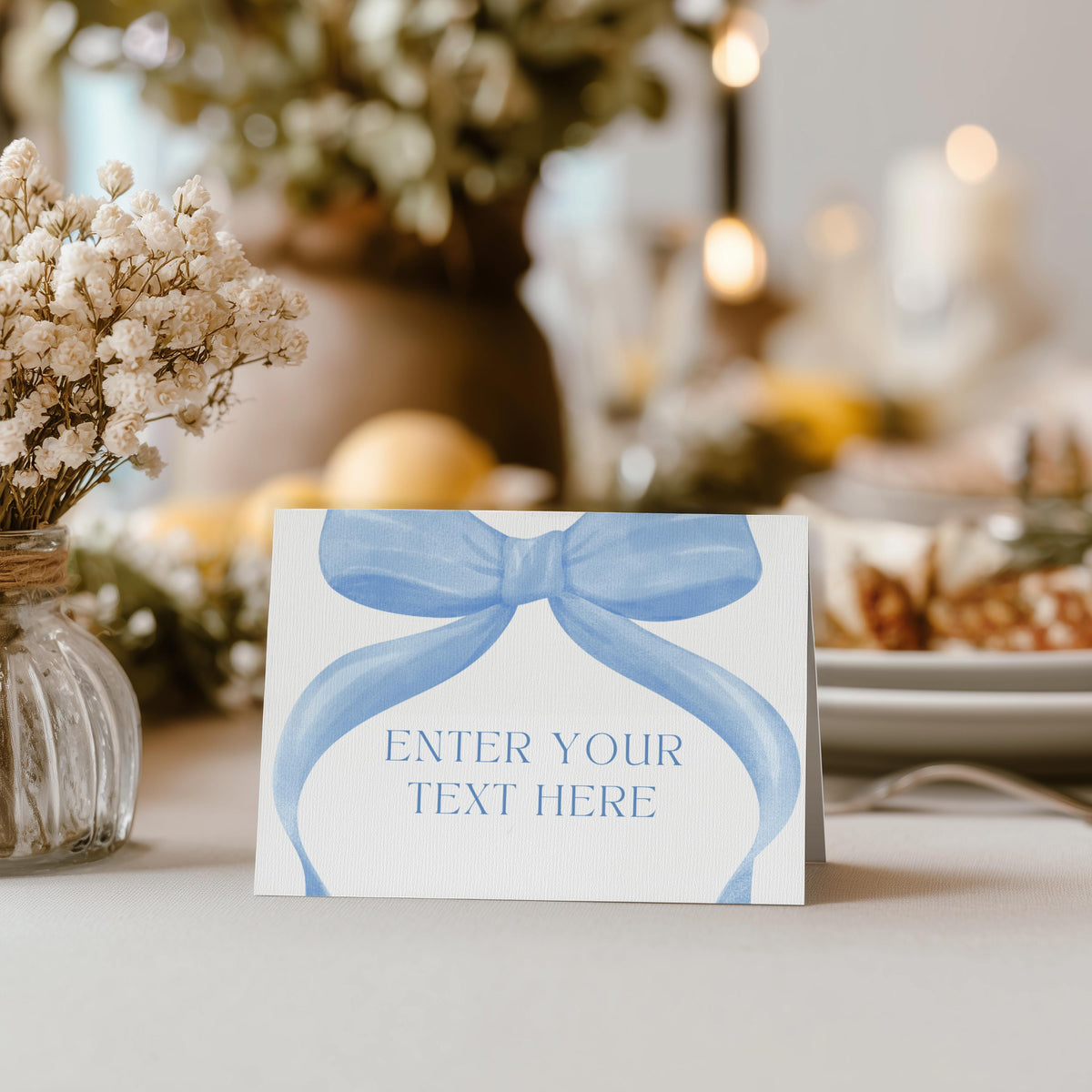 Blue Ribbon Food Labels, Coquette Blue Bow Birthday Food Label Card, Blue Bow Food Tent Card, Birthday Food Tags