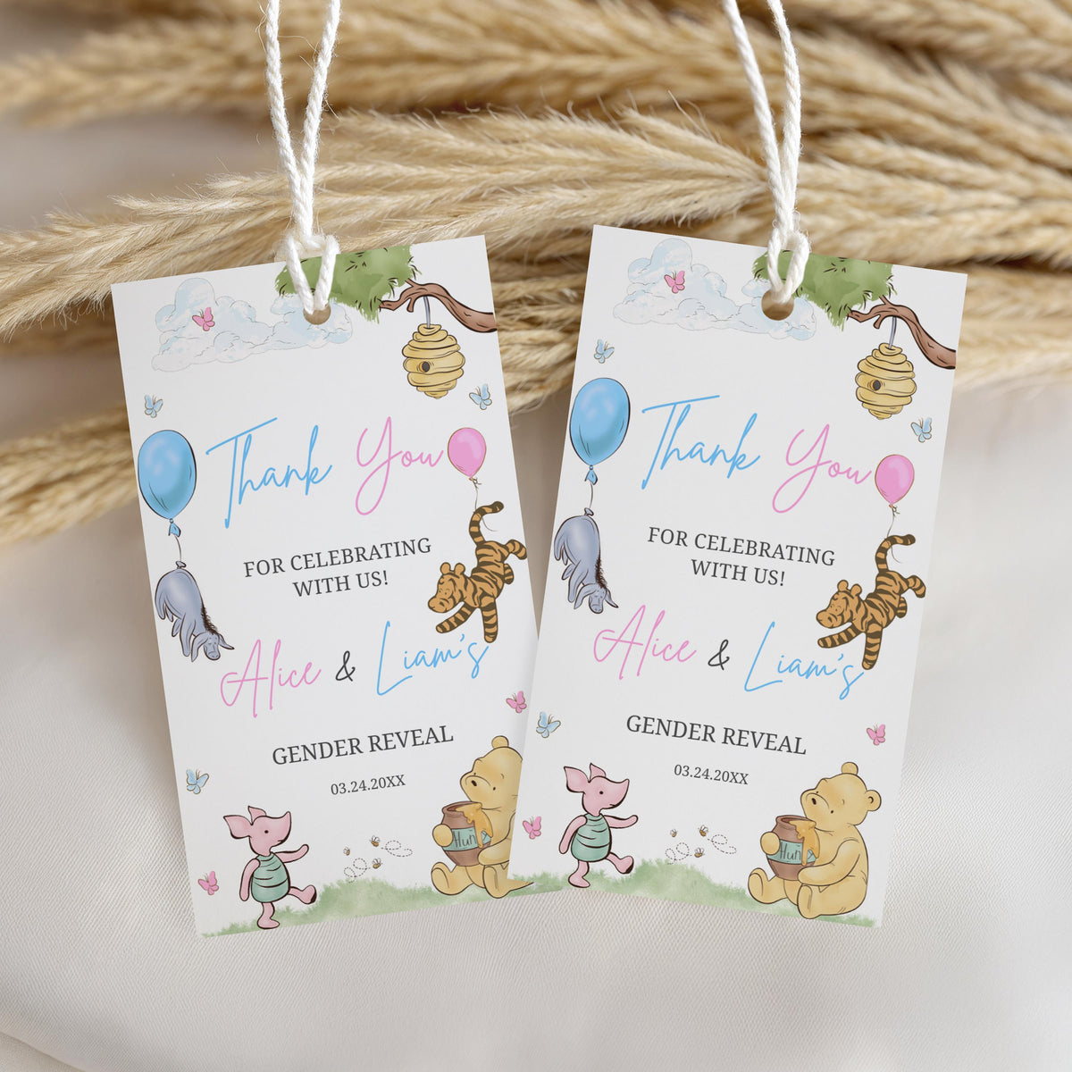 Winnie the Pooh Gender Reveal Favor Tags, Baby Shower Thank You Tags