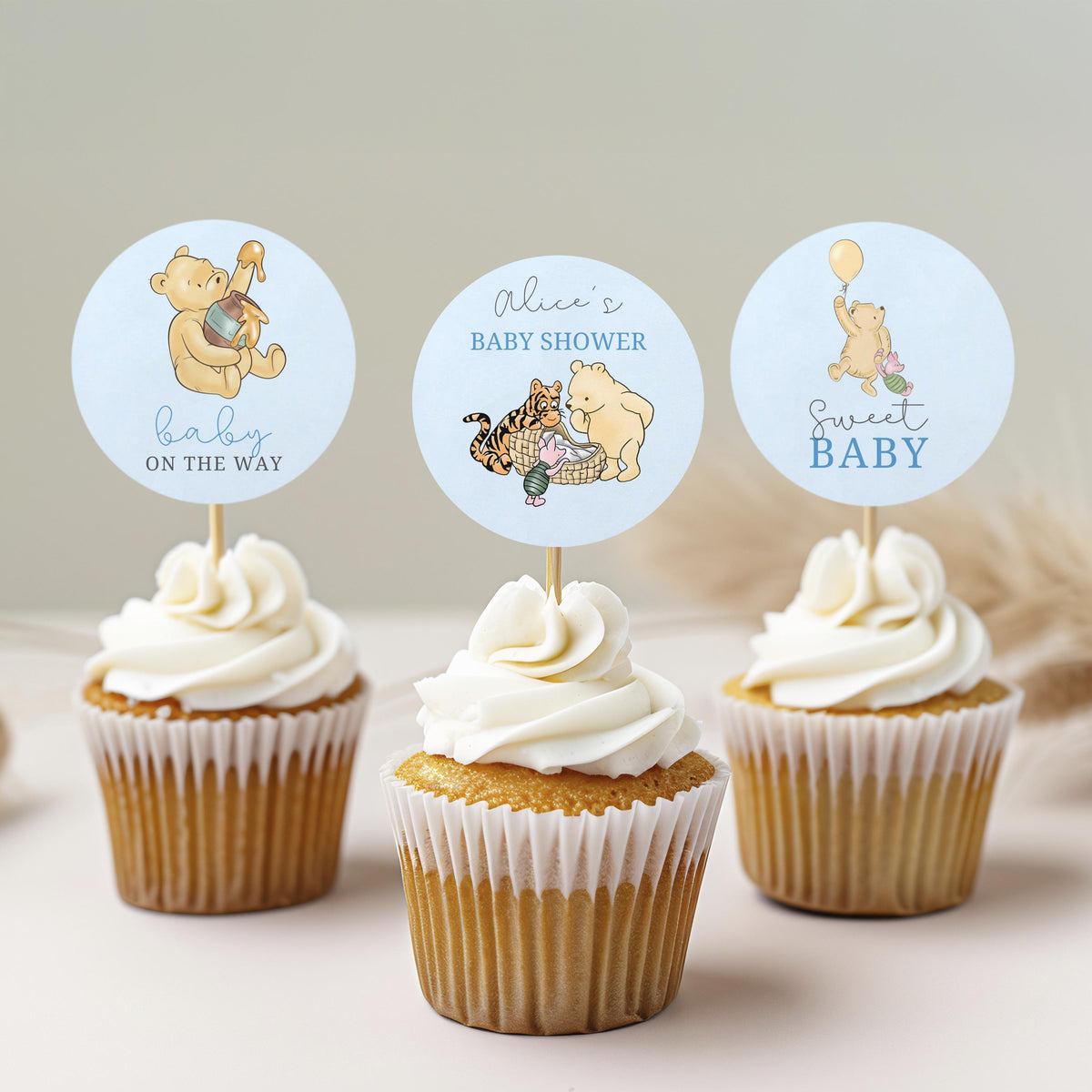 Blue Winnie the Pooh Baby Shower Cupcake toppers, Party Cake topper