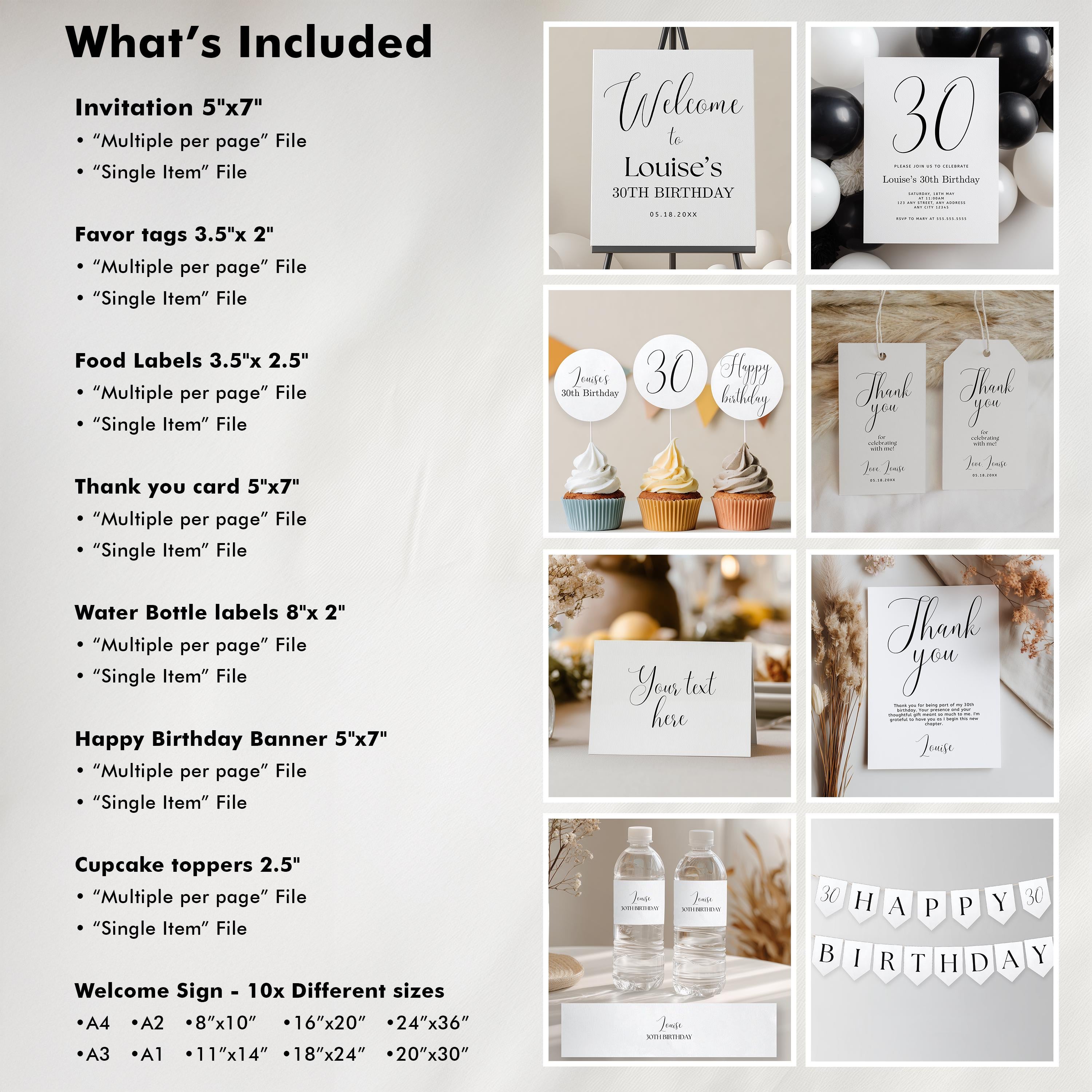 30th Party Decoration | 30th Birthday Bundle | Adult Minimalist Modern Decorations | Download 9176