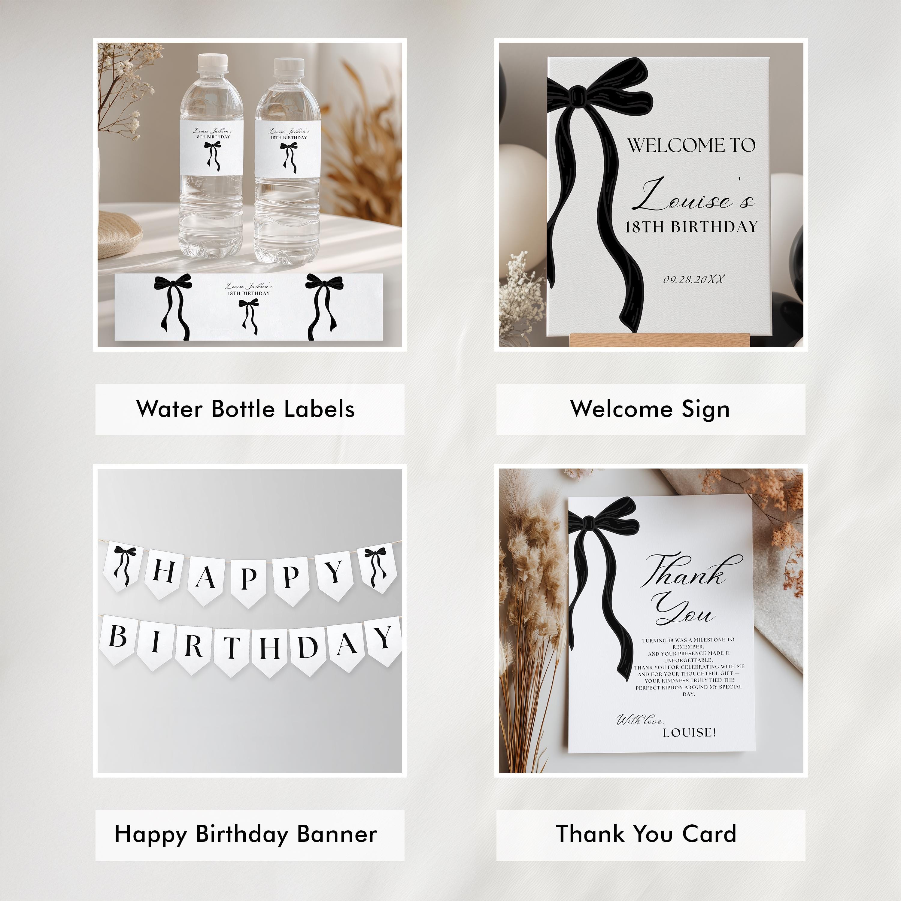 18th Party Decoration | 18th Birthday Bundle | Adult Black Bow Eighteenth Minimalist Decorations | Download 9173