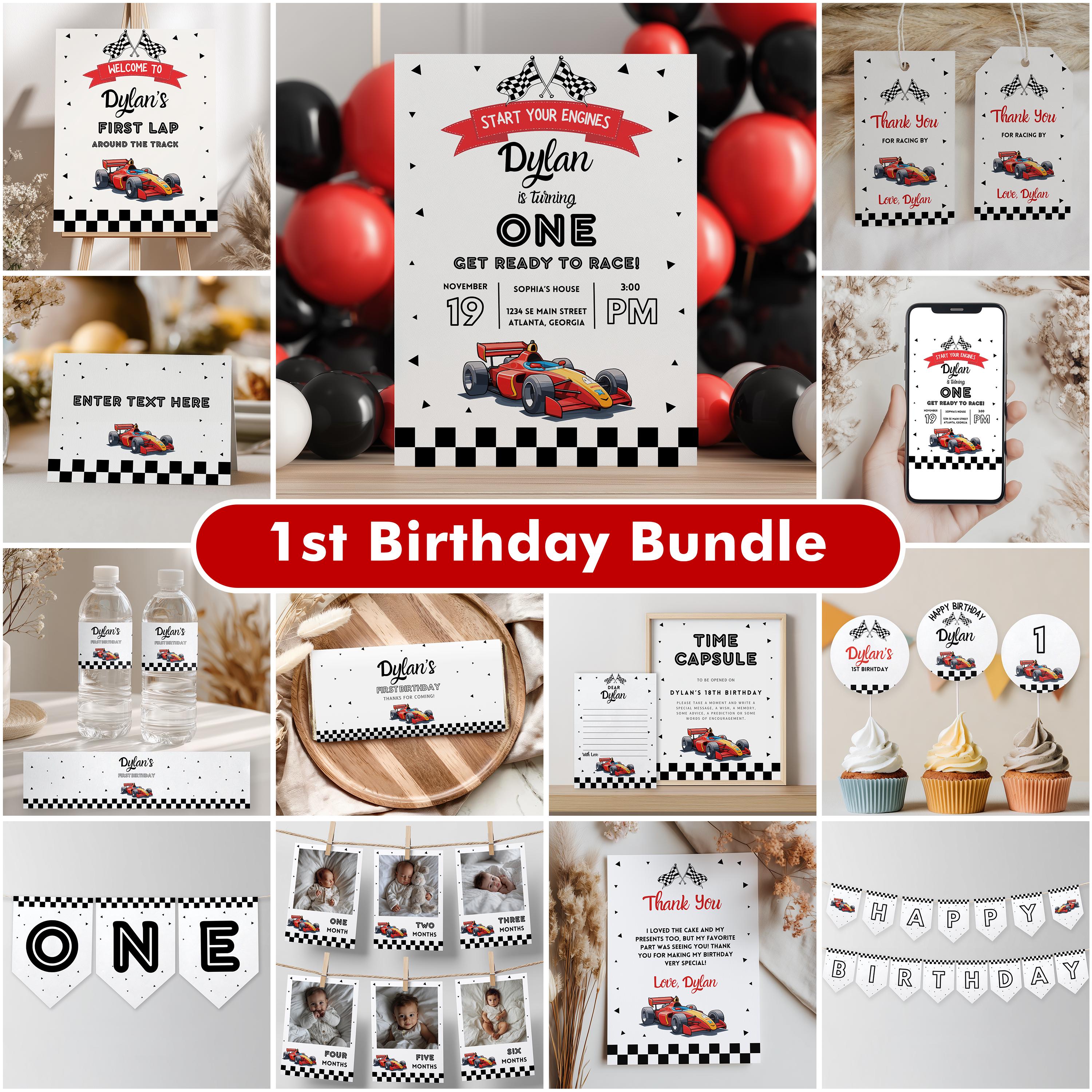 Rancing Car Party Decorations, First Birthday Red Car Party Bundle, Fast Car Birthday Party Set Template Instant Download 5987