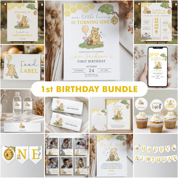 Winnie the Pooh Birthday Decorations, 1st Party Bundle, Printable Party Set