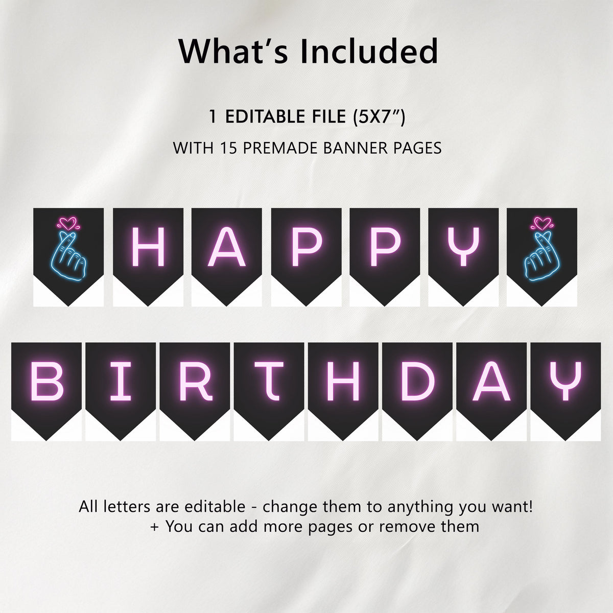 Editable Music Neon K-pop Happy Birthday Banner | Kpop Printable Birthday Party Banner | Instant Download