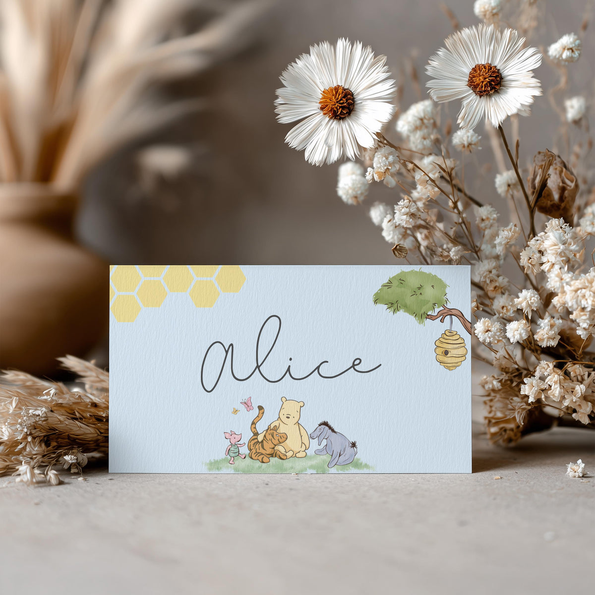 Blue Winnie the Pooh Place Card Template Printable, Editable Place Cards