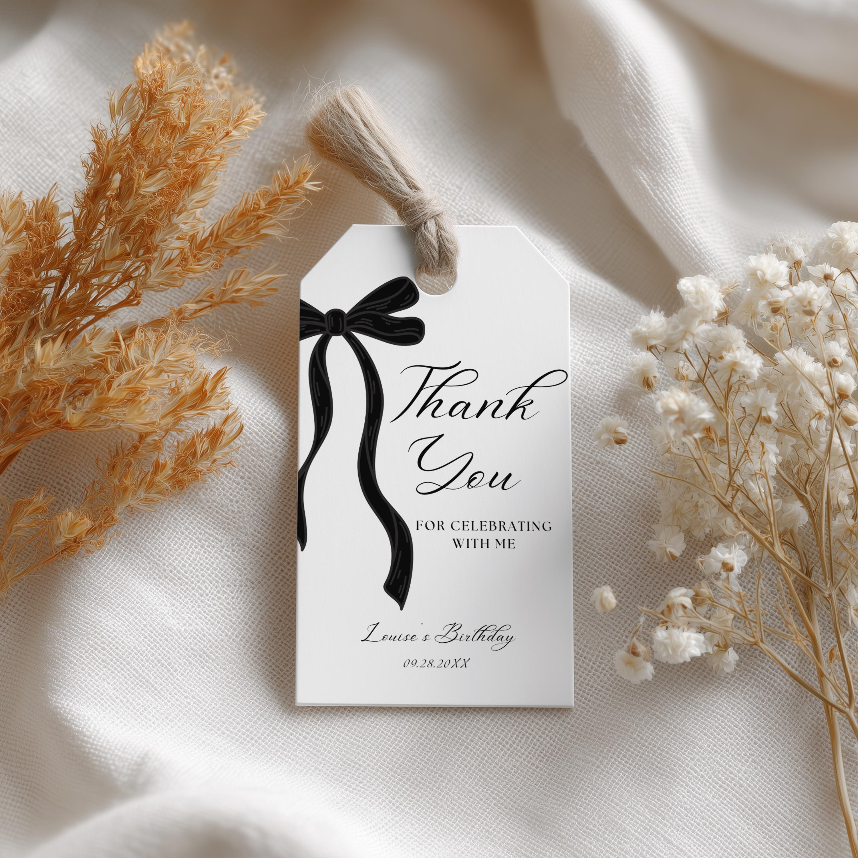 Black Bow Favor Tags, Minimalist 1st Birthday Tag, Gender neutral, Printable Gift Tags 9174