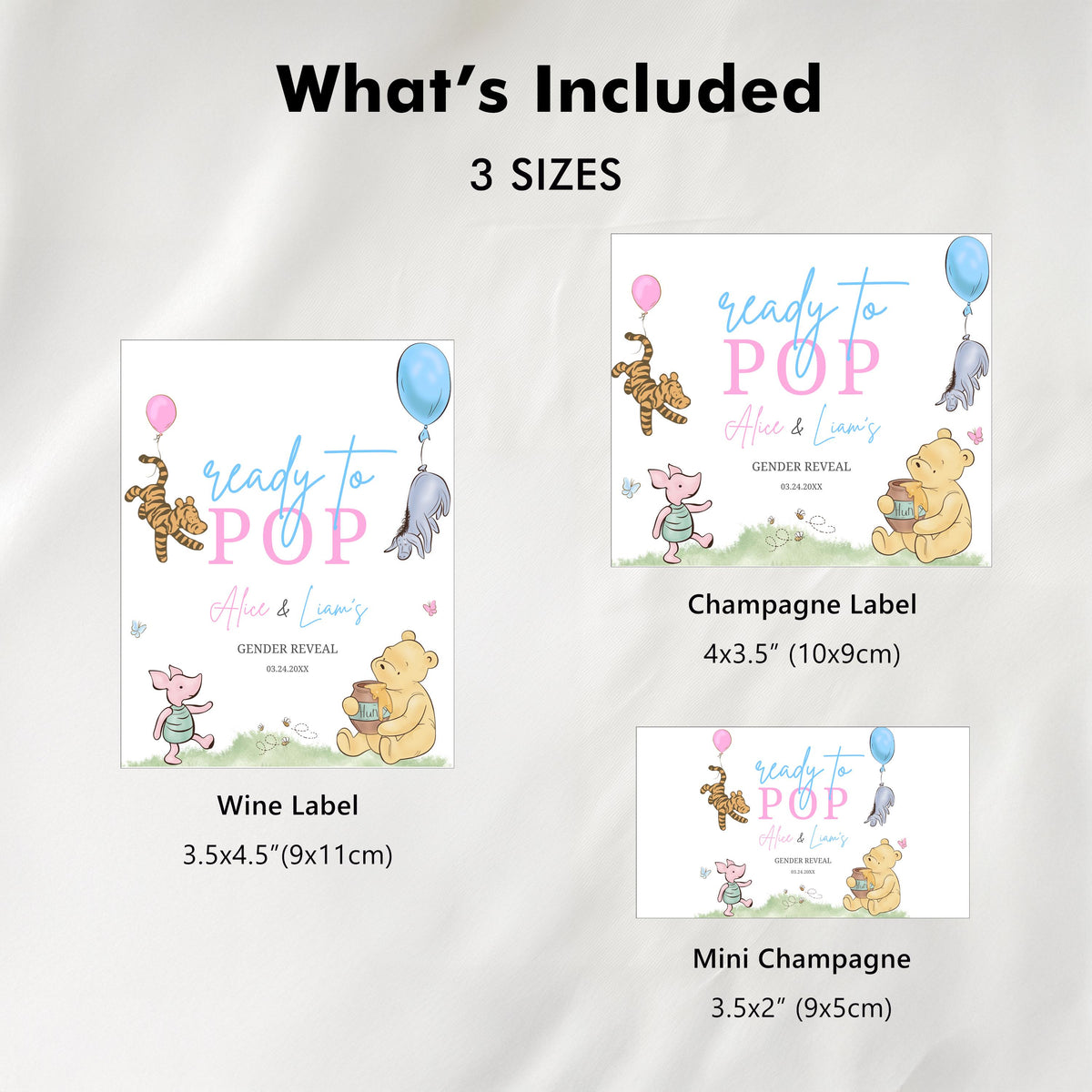 Winnie the Pooh Gender Reveal Champagne Labels, Baby Shower Printable Wine Labels