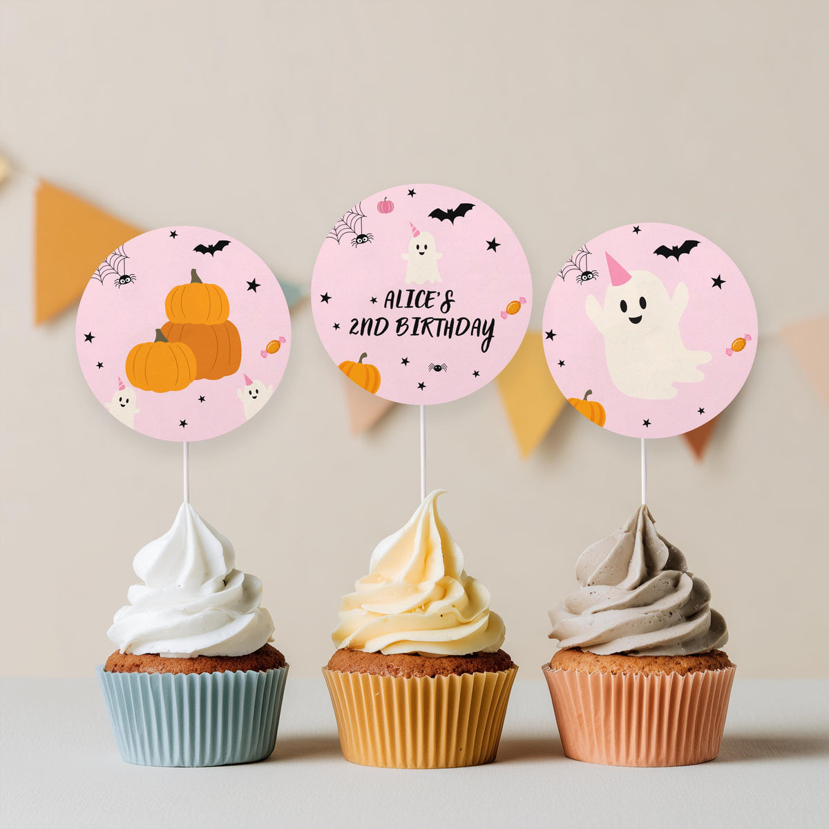 Pink Ghost Birthday Cupcake Toppers: Spooky Halloween Party Favor Tags (Digital Printable) 9162