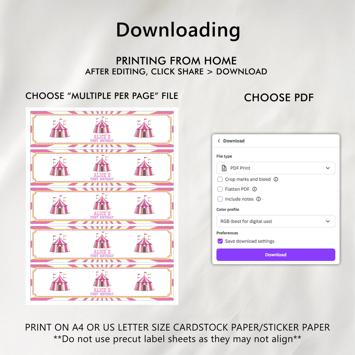 Pink Circus Water Bottle Labels, 1st Birthday Printable Bottle Label