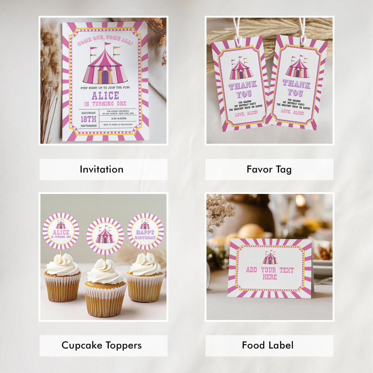 Pink Circus Bundle Birthday , Carnival 1st Party Decorations, Printable Party Set