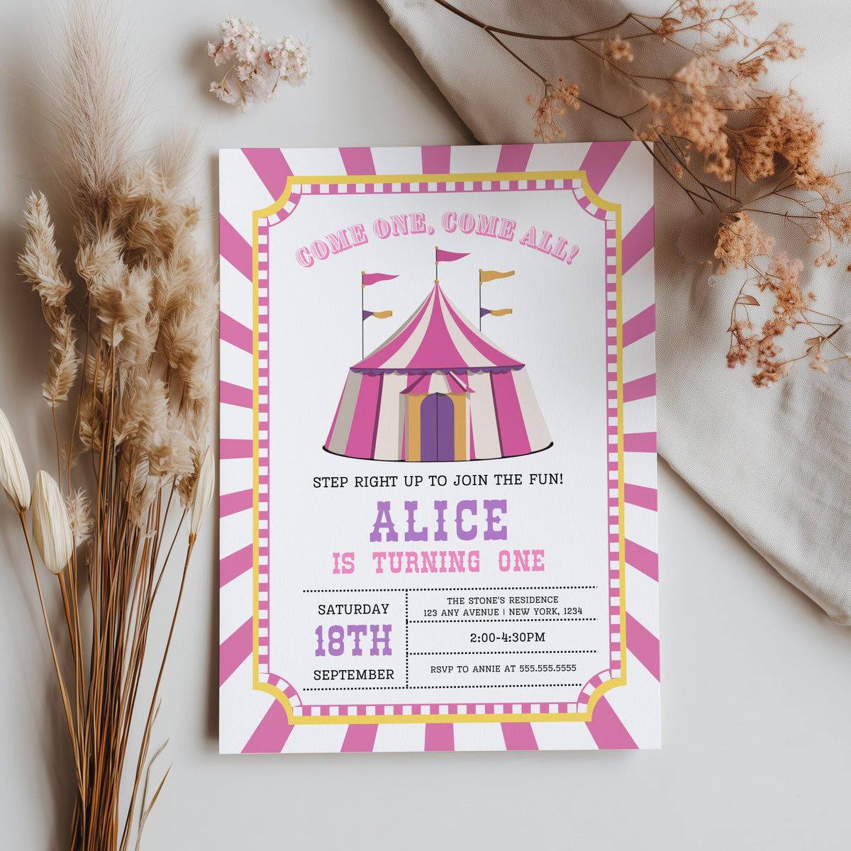 Pink Circus Invitation, 1st Birthday Invite