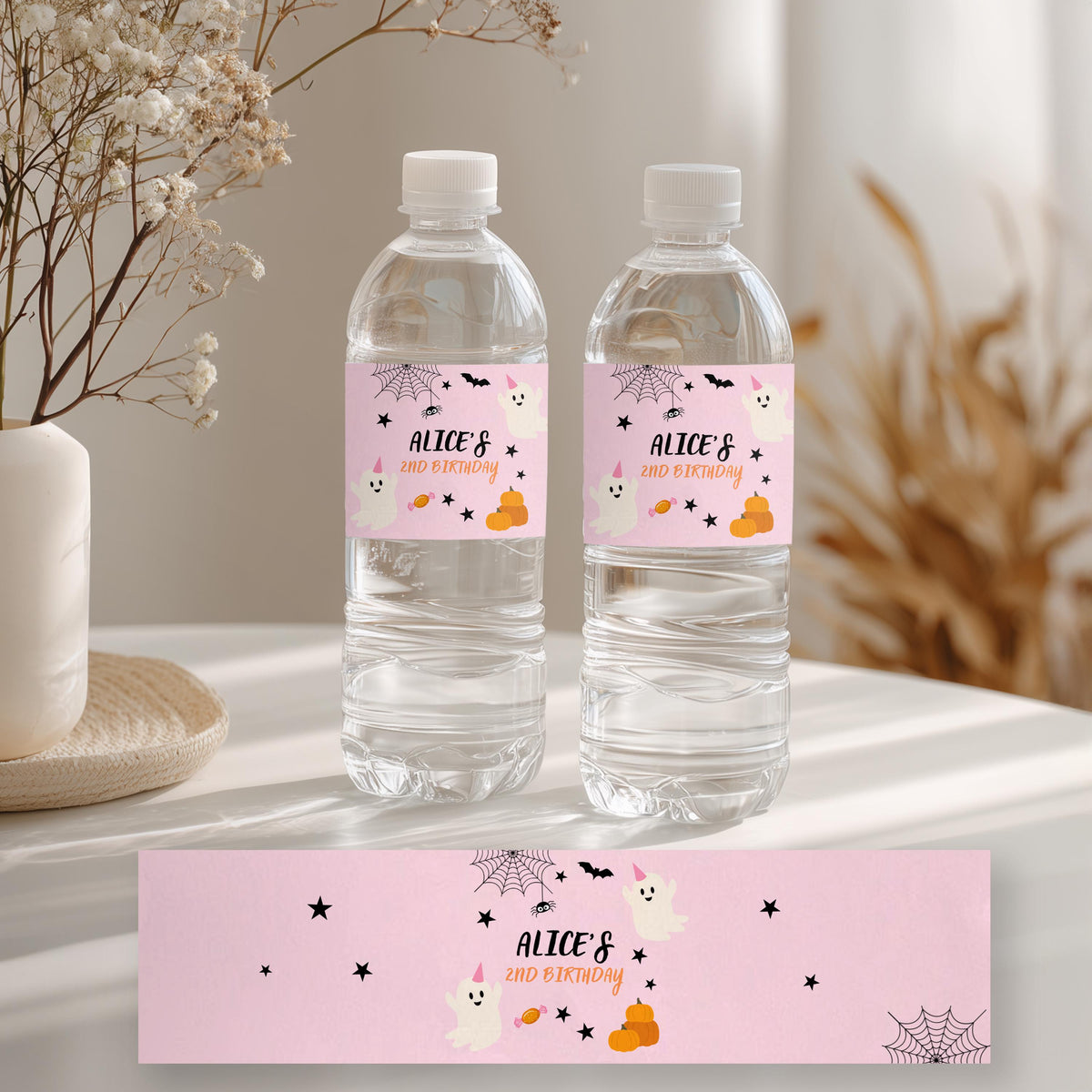 Pink Ghost Birthday Water Bottle Labels: Halloween Party Decor (Printable Download) 9162