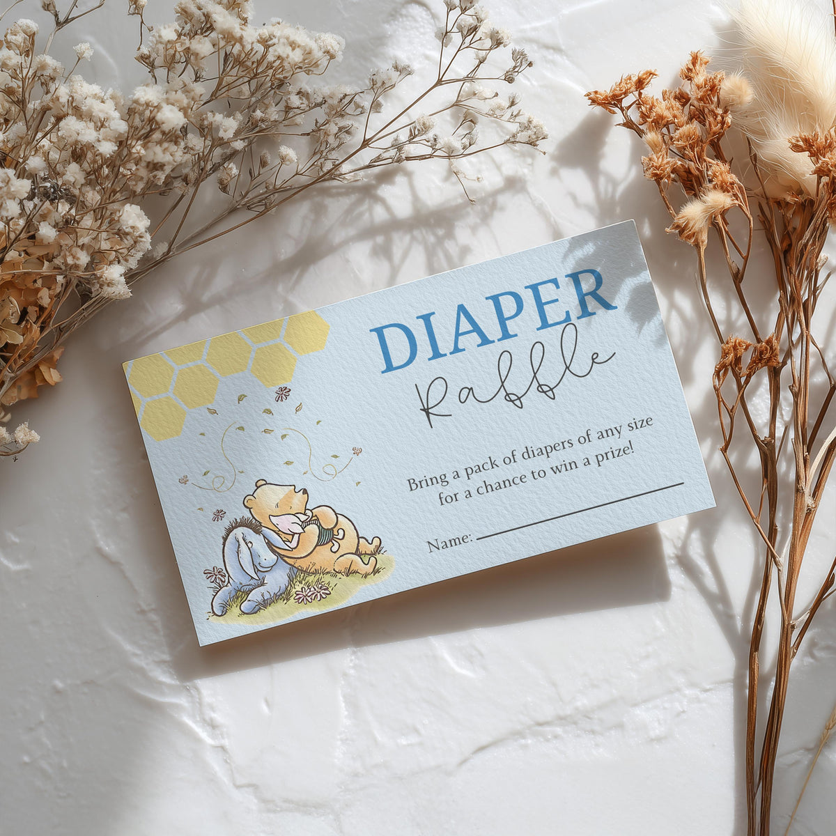 Blue Winnie the Pooh Diaper Raffle Card, Printable Nappy Raffle Cards
