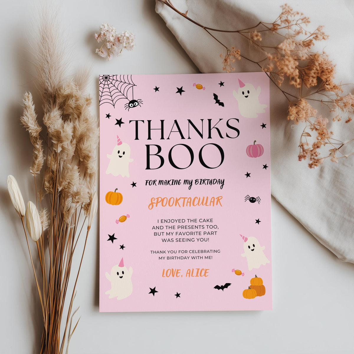 Pink Ghost Halloween Thank You Card: Editable Canva Template (Digital Download) 9162