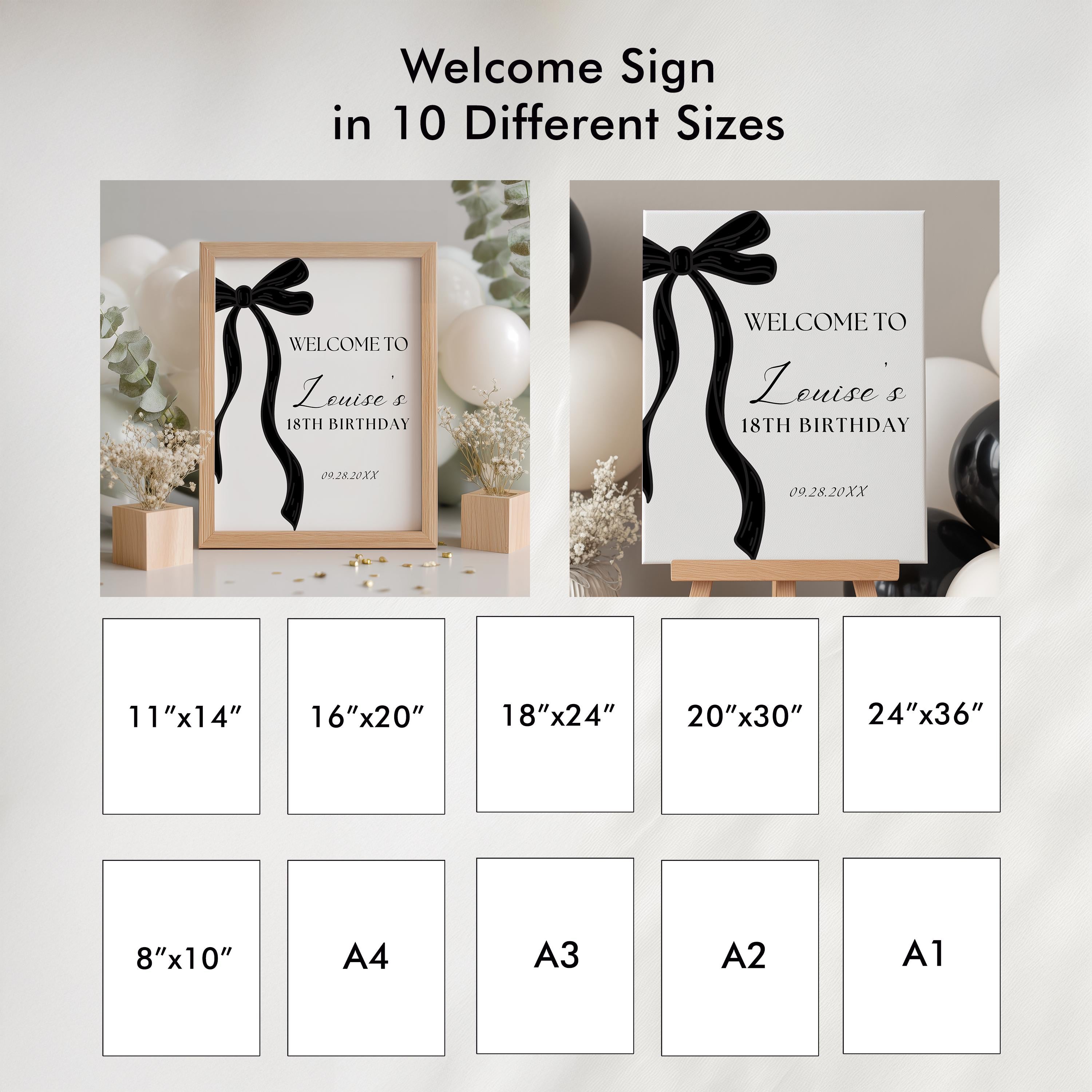 18th Black Bow Welcome Sign, Birthday Signs, Eighteenth Adult Party Minimalist Sign 9173