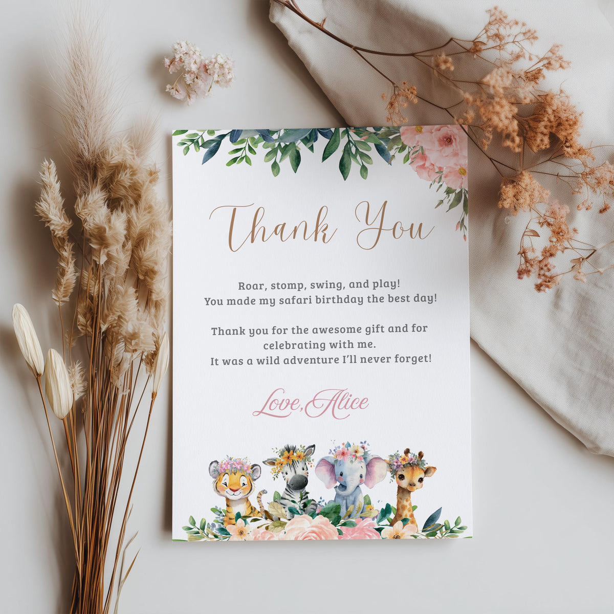 EDITABLE Safari Birthday Thank you card, Girl Wild One 1st Birthday note card, Gold Jungle Animals Printable template Instant Download
