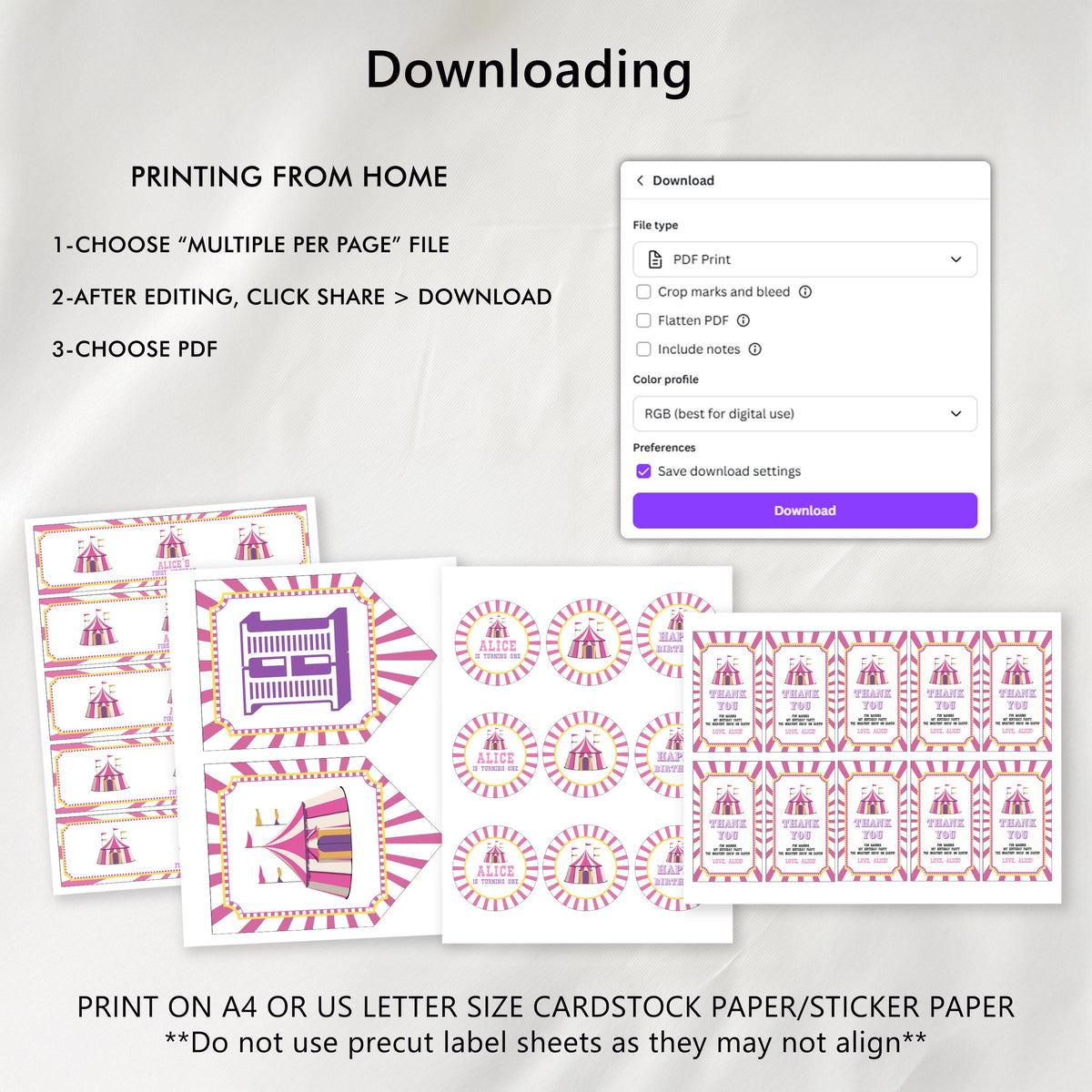 Pink Circus Bundle Birthday , Carnival 1st Party Decorations, Printable Party Set