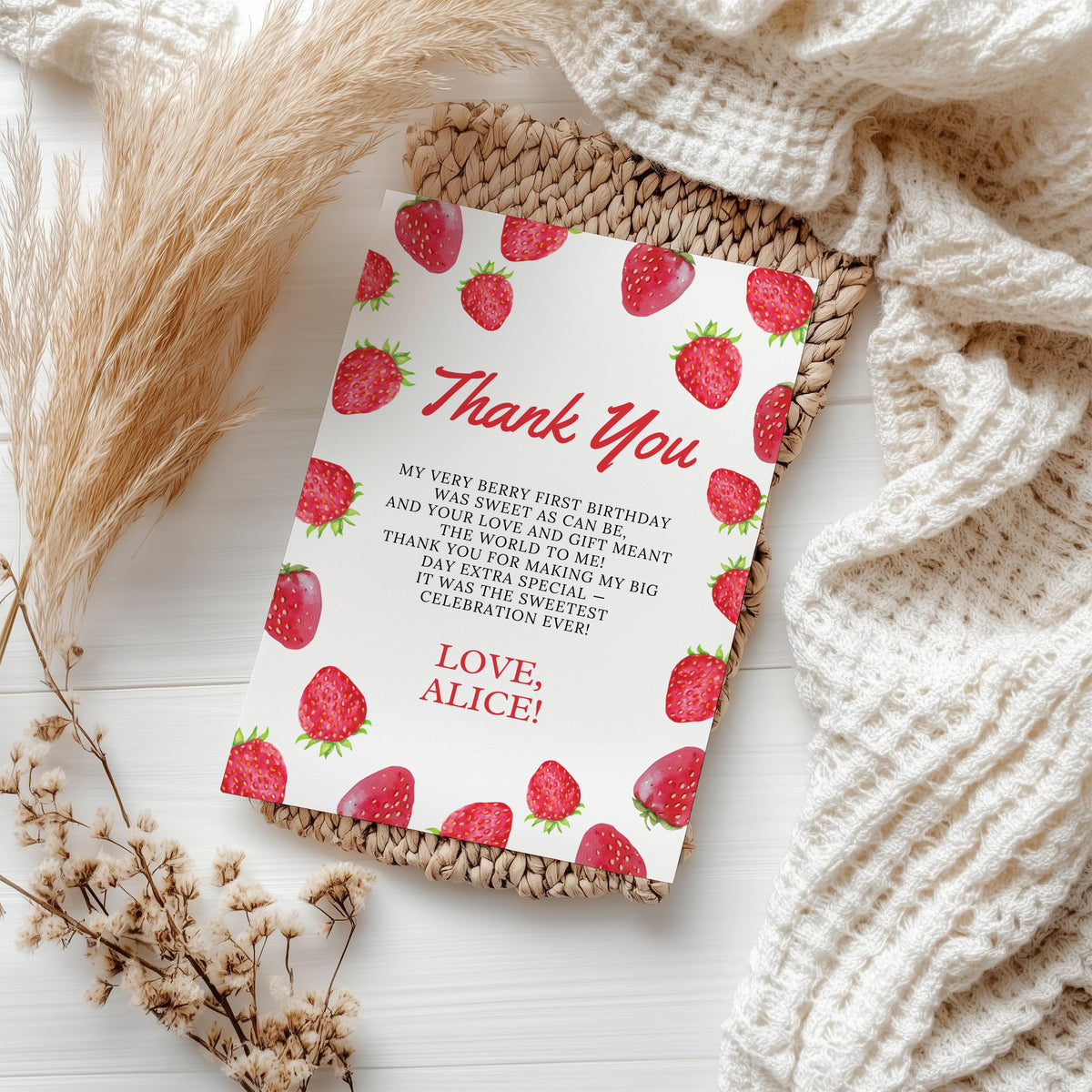 Berry First Thank You Card Template, Strawberry Printable Thanks Card
