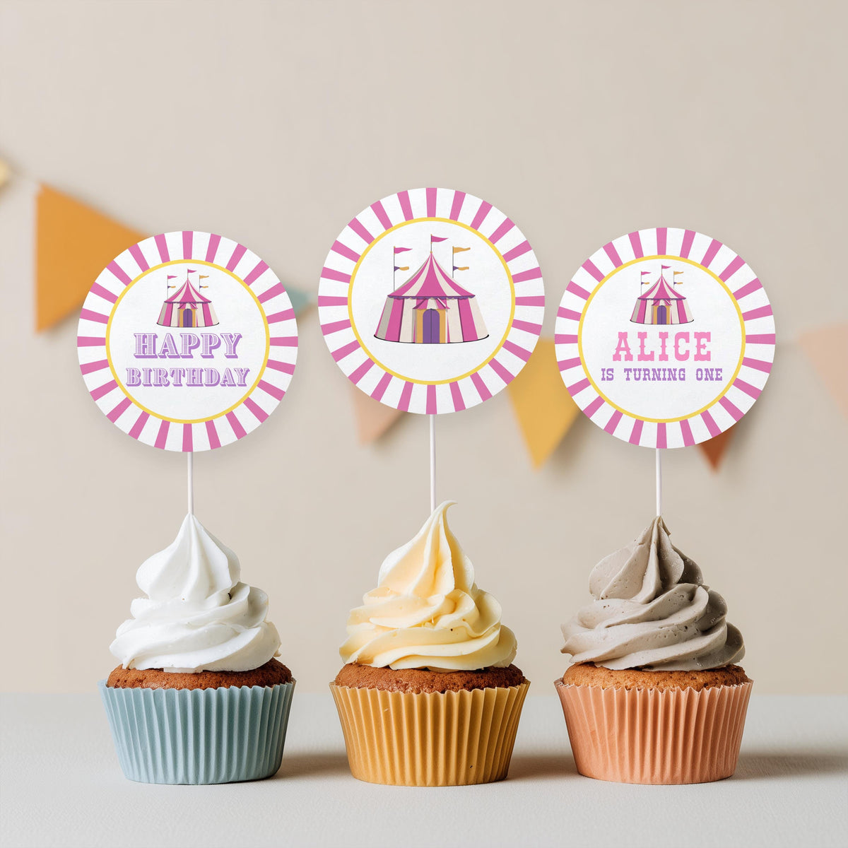 Pink Circus Cupcake Topper, 1st Birthday Cupcake Toppers