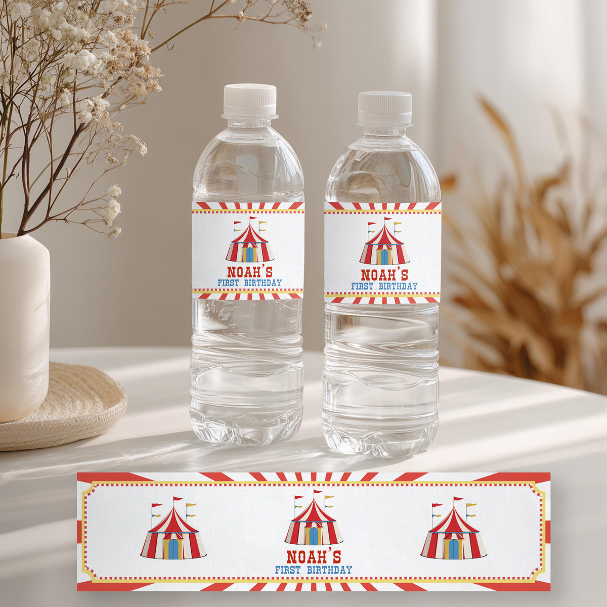 Circus Water Bottle Labels, Carnival 1st Birthday Printable Bottle Label