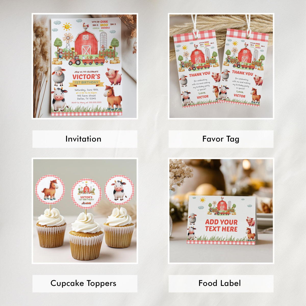 Farm First Birthday Bundle, Barnyard Party Decorations , 1st Birthday Invitation Set