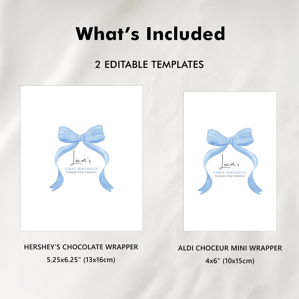 Blue Bow Birthday Chocolate Wrappers, Blue Bow Birthday Candy Bar Wrapper, Canva Template