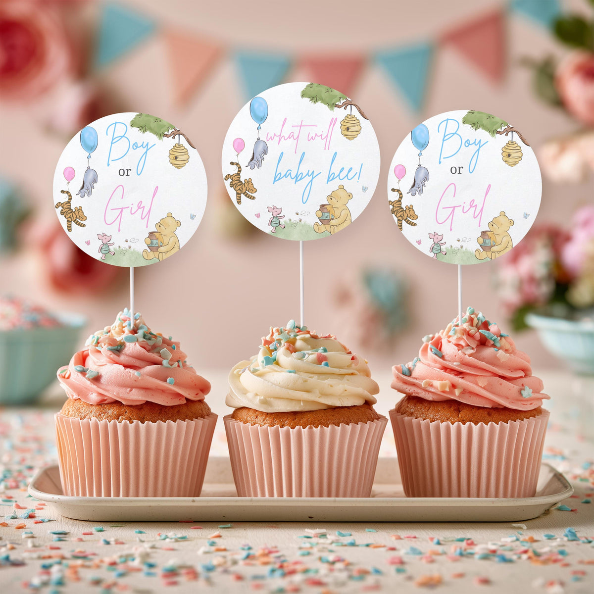 Winnie the Pooh Gender Reveal Cupcake toppers, Baby Shower Party Cake topper