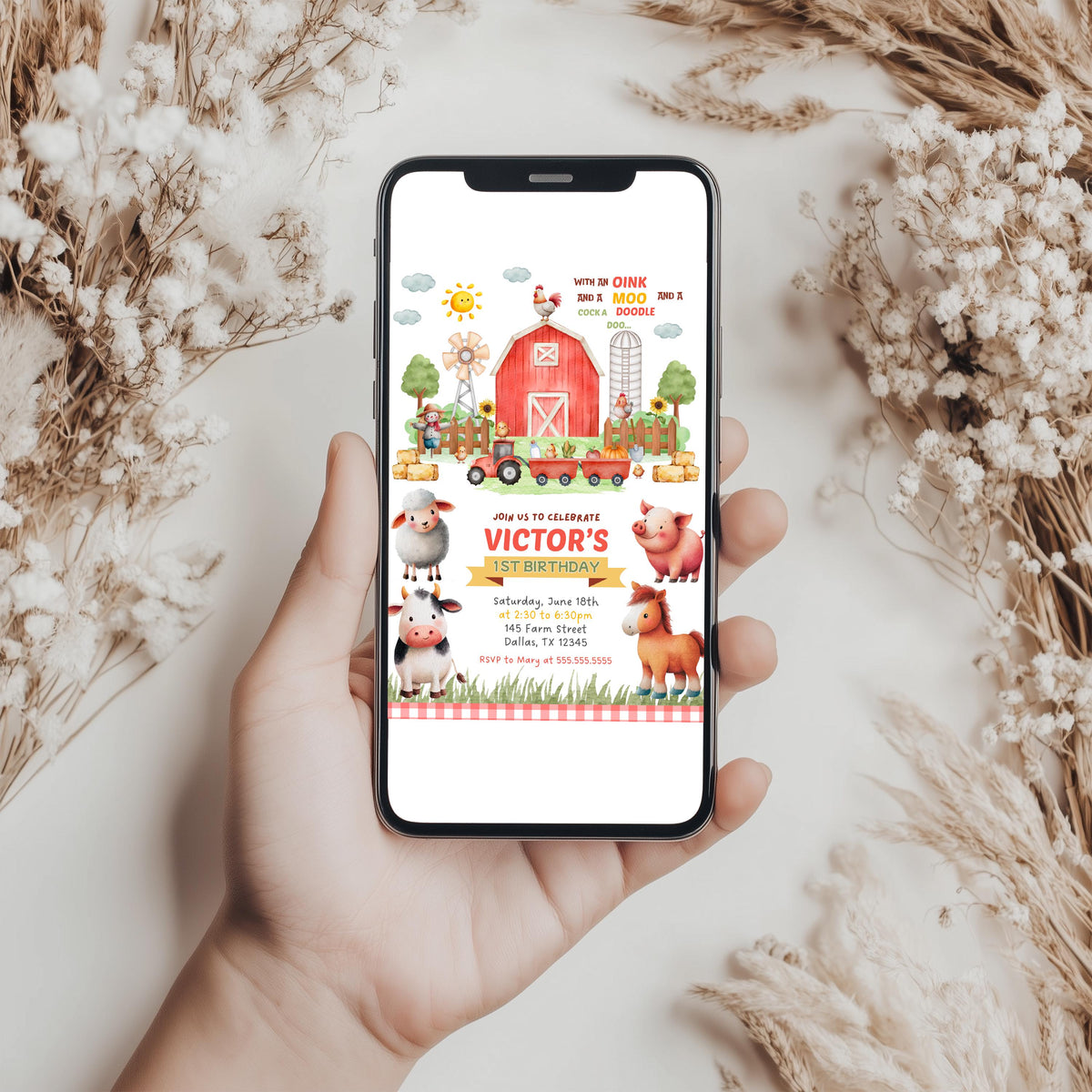 Farm Birthday Invitation, Barnyard Farm Animals Invite, Canva Template