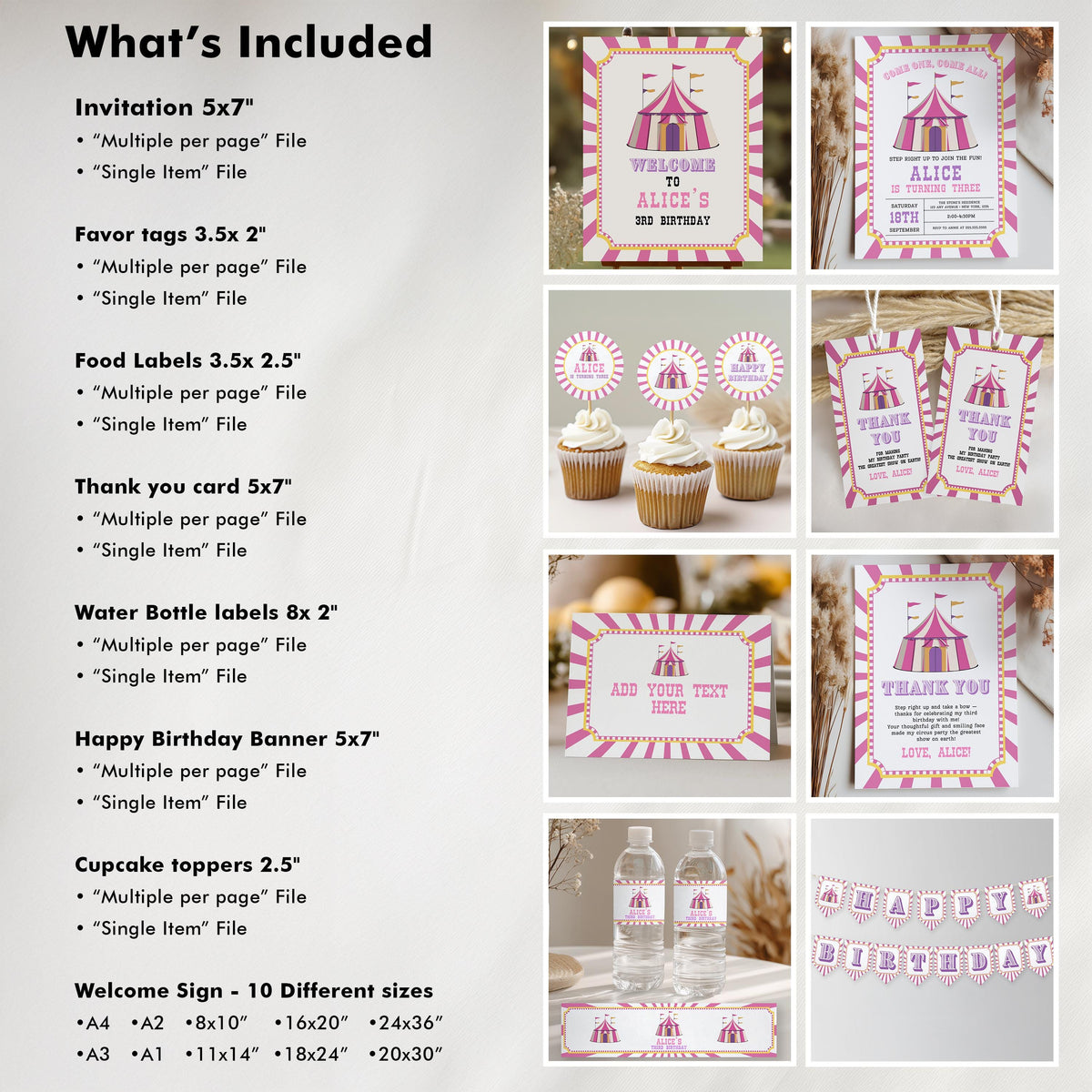 Pink Circus Party Bundle, Girl Circus Birthday Printable Decorations
