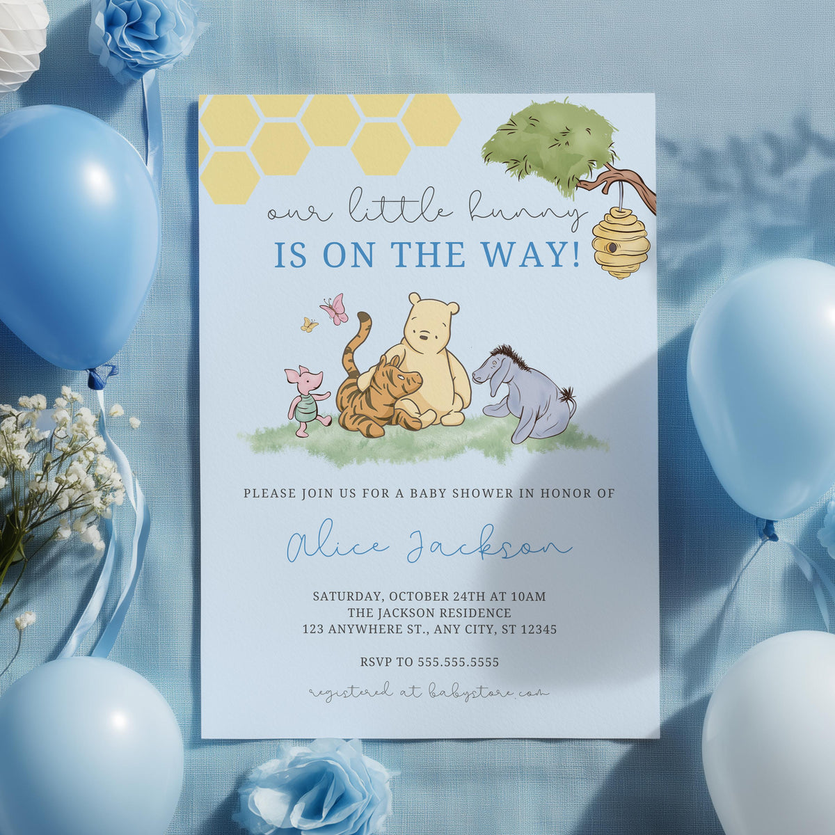 Blue Winnie the Pooh Baby Shower Invitation, Baby Party Invite