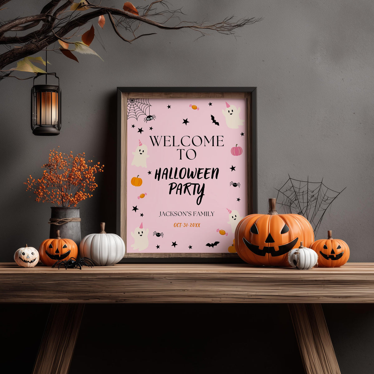 Girl Halloween Welcome Sign, Pink Ghost Halloween, Download Template