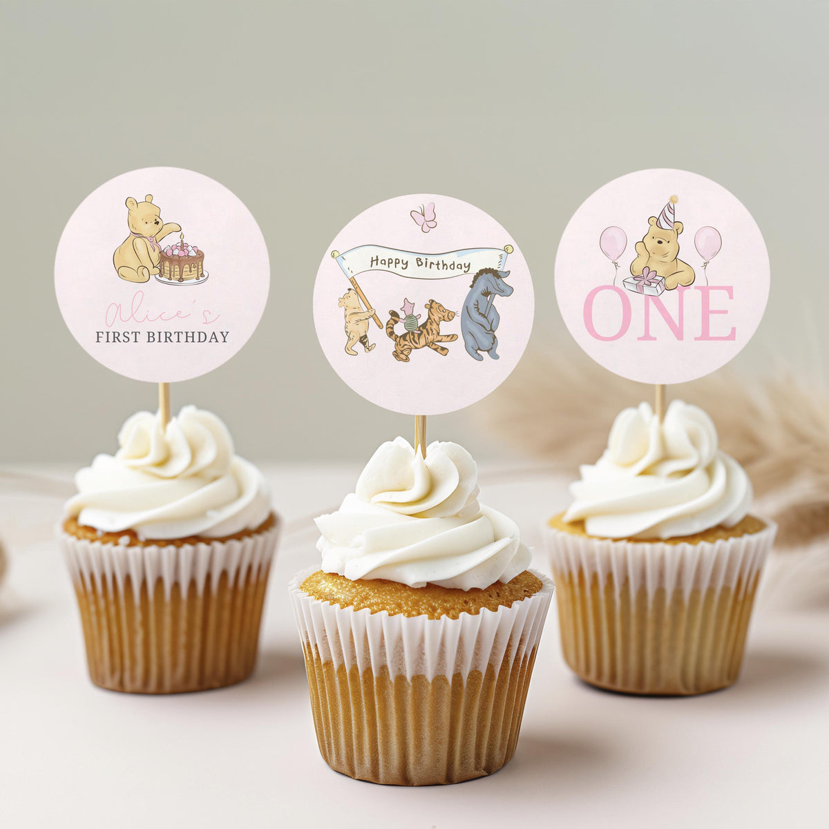 Pink Winnie the Pooh Cupcake Topper, Birthday Cupcake Toppers