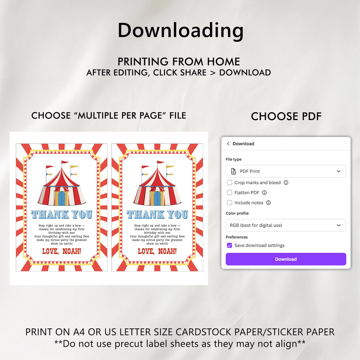 Circus Thank You Card Template, Carnival Printable Thanks Card