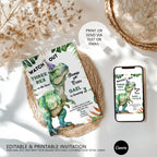 Dinosaur Three-Rex Birthday Invitation | Editable Canva Template | 3rd Birthday Invite | Instant Download 9014