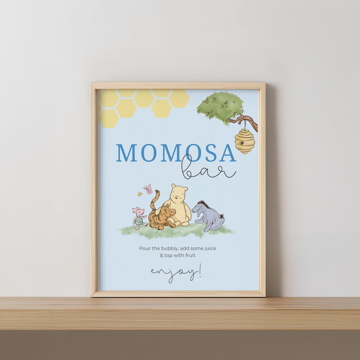 Blue Winnie the Pooh Mimosa Bar Sign, Momosa Bar Baby Shower Juice Tags