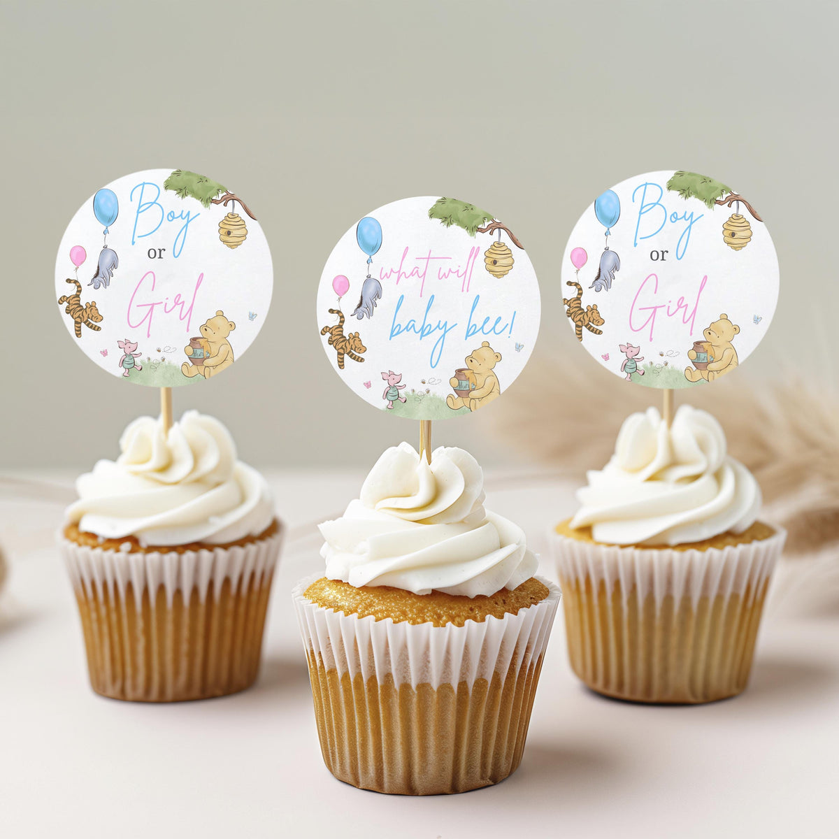 Winnie the Pooh Gender Reveal Cupcake toppers, Baby Shower Party Cake topper