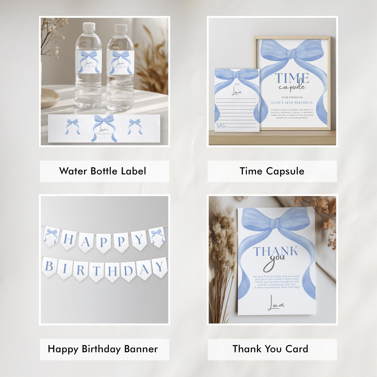 Blue Bow First Birthday Bundle, Blue Ribbon 1st Birthday Decoration, Printable Birthday Decorations, Blue Ribbon Bundle