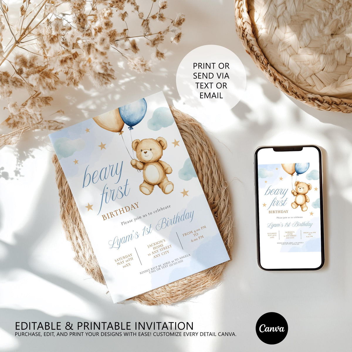 Beary First Birthday Invitation, Teddy  Bear Invite