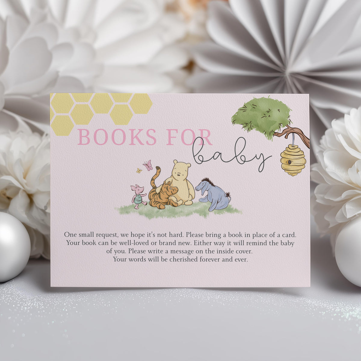 Pink Winnie the Pooh Books For Baby Printable, Baby Shower Book Request Cards