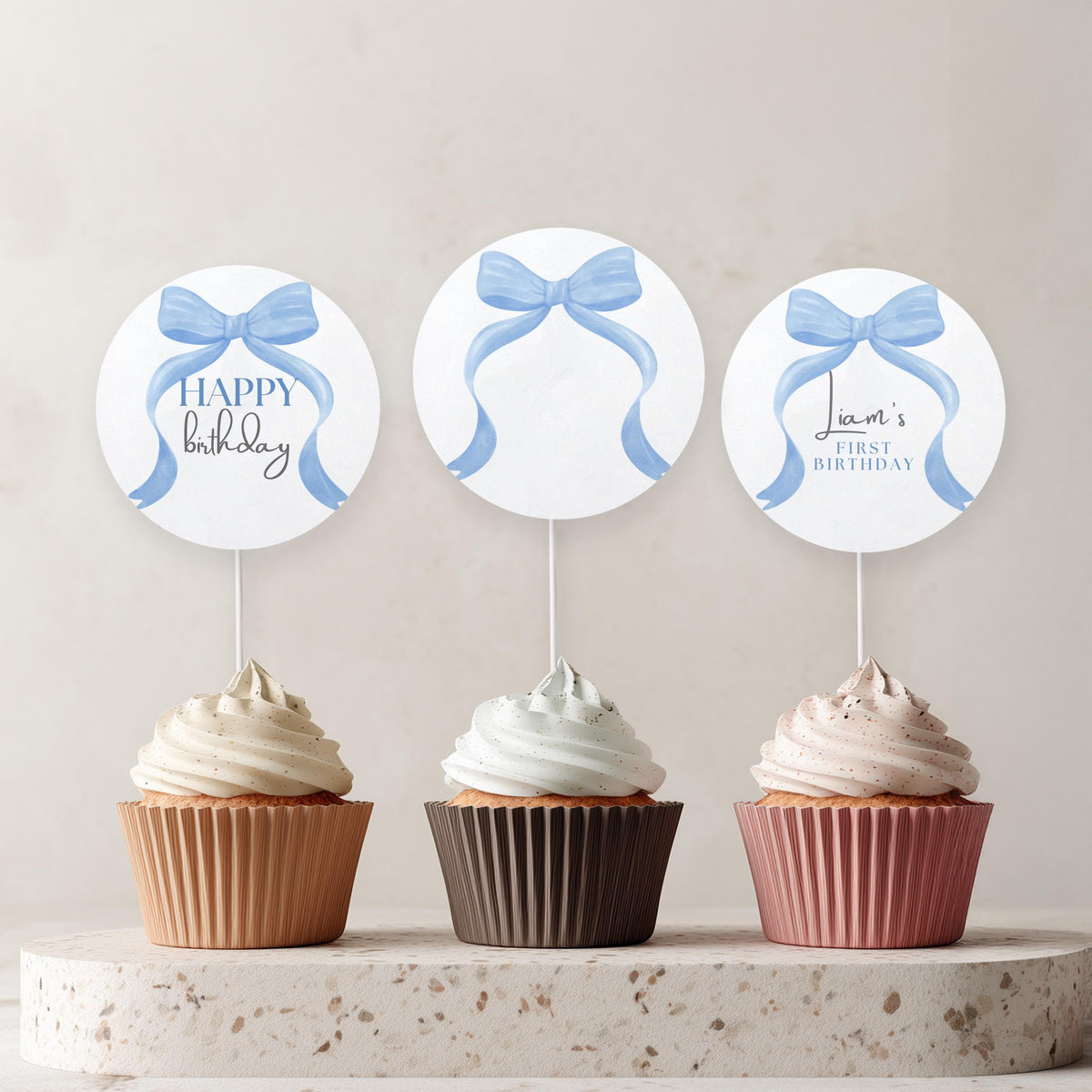 Blue Bow Cupcake Toppers, Blue Bow 1st Birthday, Coquette First Cupcake Toppers, 1st Birthday Boy, Blue Ribbon Birthday