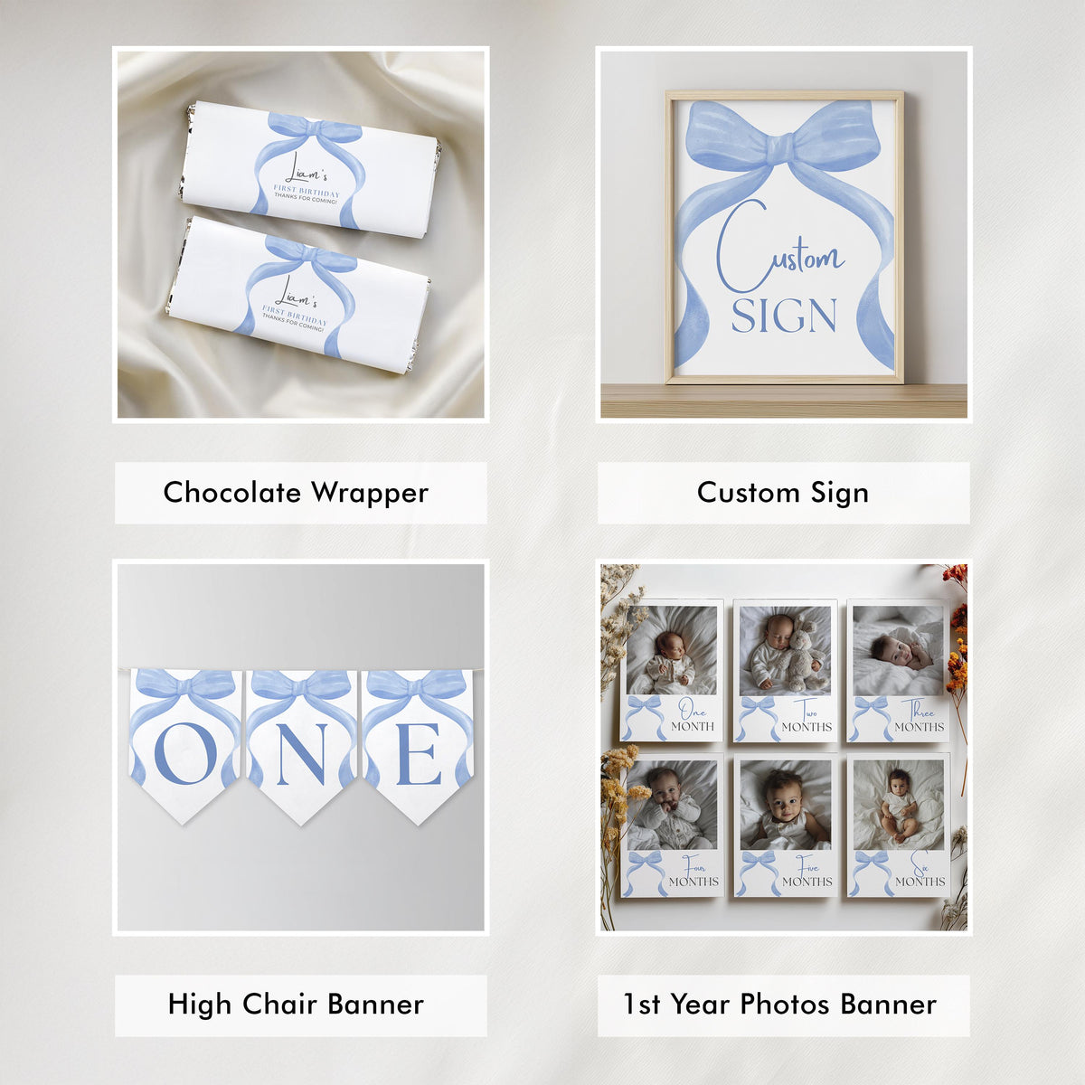 Blue Bow First Birthday Bundle, Blue Ribbon 1st Birthday Decoration, Printable Birthday Decorations, Blue Ribbon Bundle