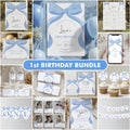 Blue Bow First Birthday Bundle, Blue Ribbon 1st Birthday Decoration, Printable Birthday Decorations, Blue Ribbon Bundle