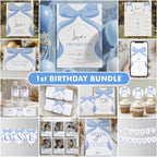 Blue Bow First Birthday Bundle, Blue Ribbon 1st Birthday Decoration, Printable Birthday Decorations, Blue Ribbon Bundle