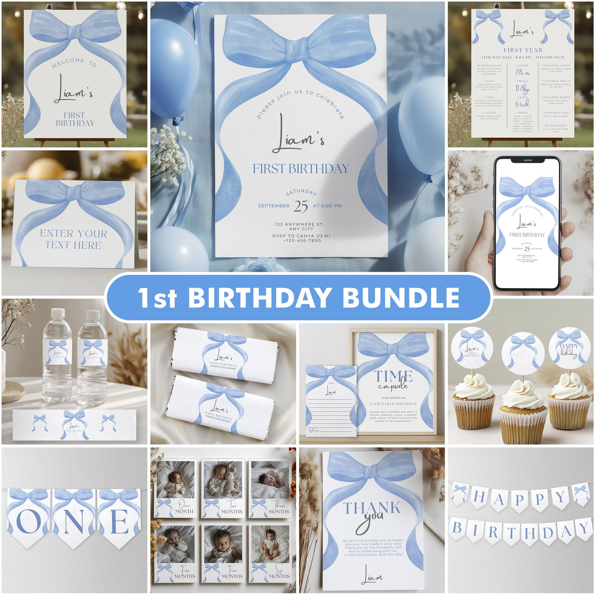 Blue Bow First Birthday Bundle, Blue Ribbon 1st Birthday Decoration, Printable Birthday Decorations, Blue Ribbon Bundle
