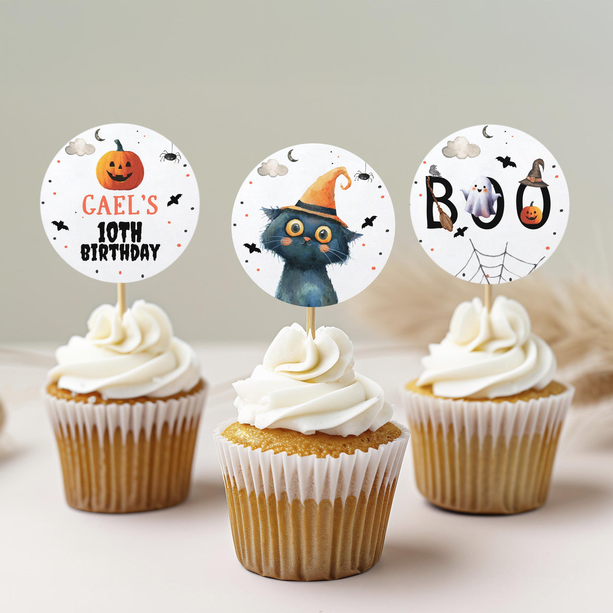 Boo Ghost Birthday Cupcake Toppers Favor Tags Halloween Black Cat Pumpkin Party Spooky Download Digital PRINTABLE