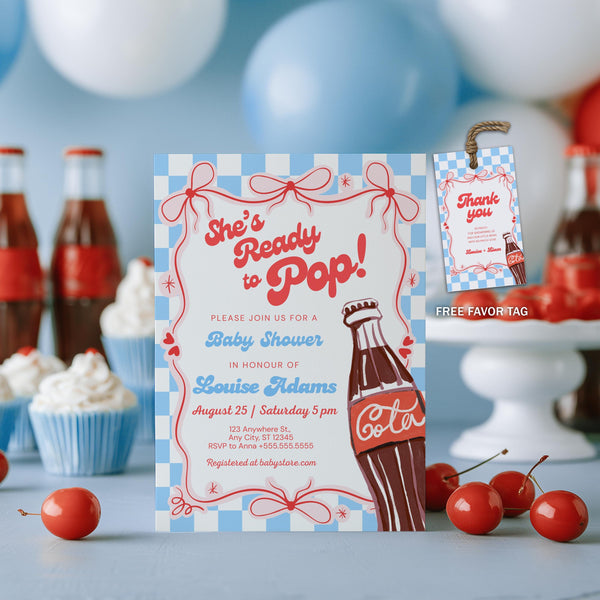 She's Ready to pop Baby Shower Invitation, Soda Baby Party Invite
