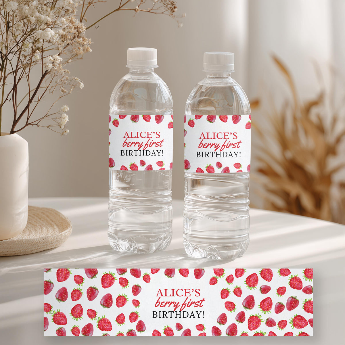 Berry First Water Bottle Labels, Strawberry 1st Birthday Printable Bottle Label