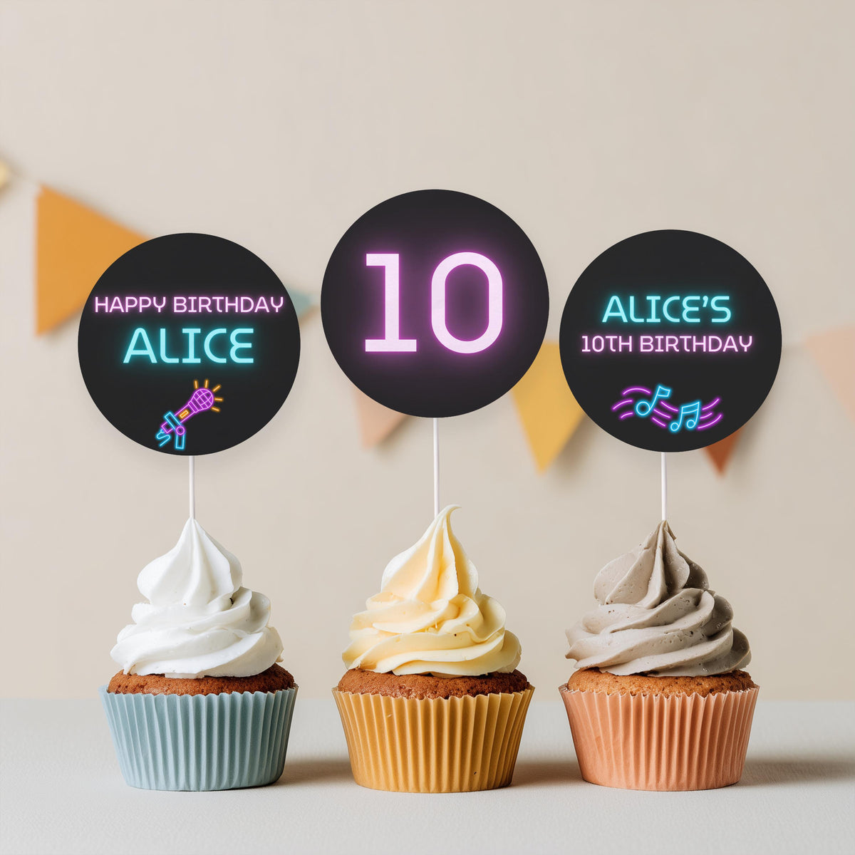 Editable Music Neon K-pop Birthday Cupcake Toppers | Music Neon K-pop Party Cake Toppers | Instant Digital Download